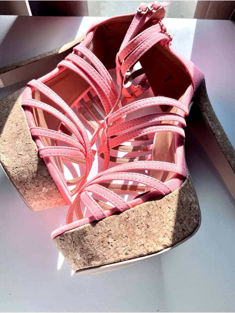 Women's suede Coral Strappy Cork Platform Heels size 8